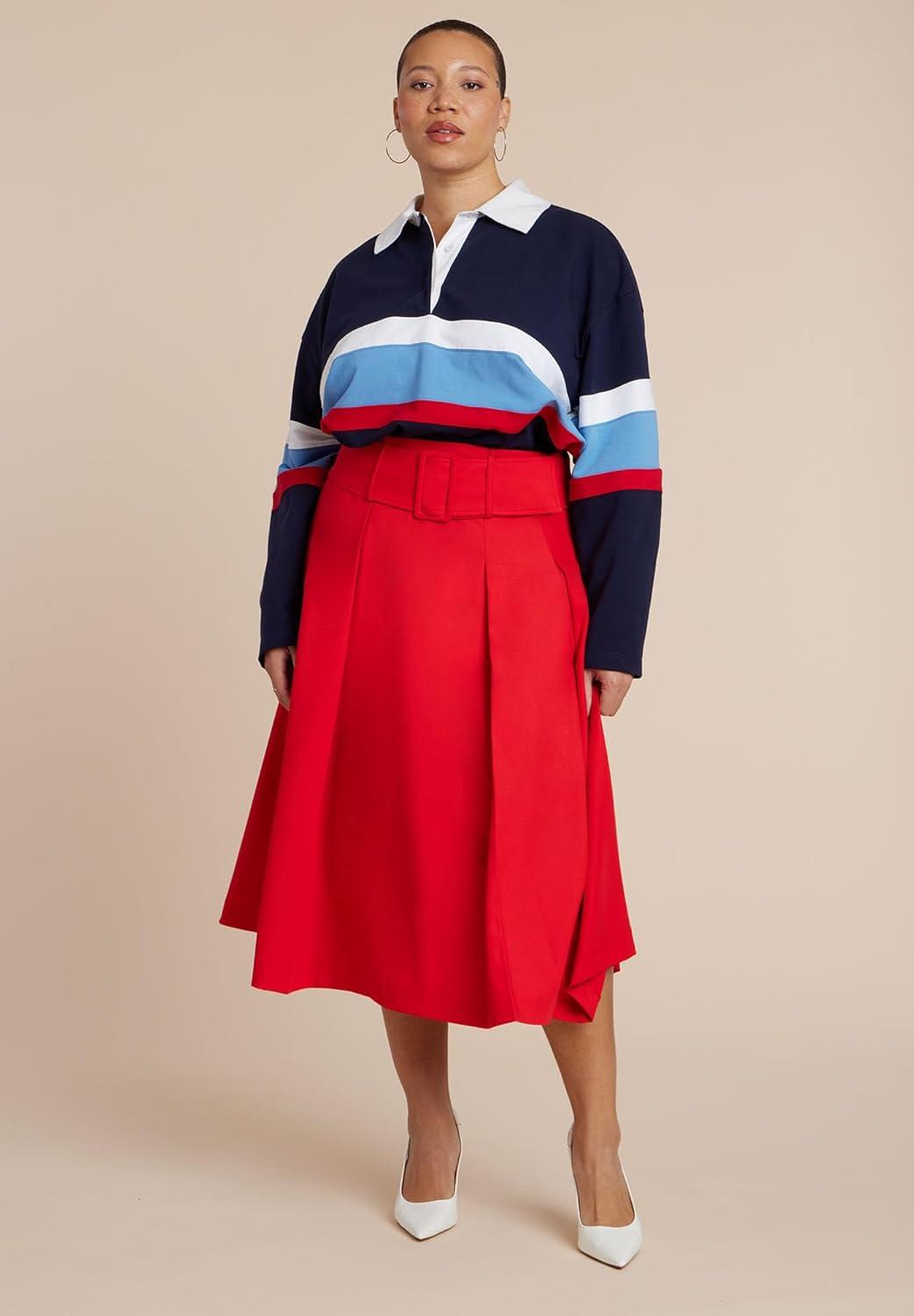imageELOQUII Womens Plus Size Pleated Belted Midi SkirtRed