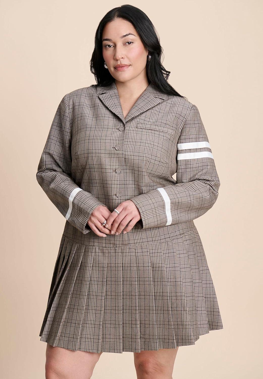 imageELOQUII Womens Plus Size Pleated Plaid Mini DressBrown Plaid