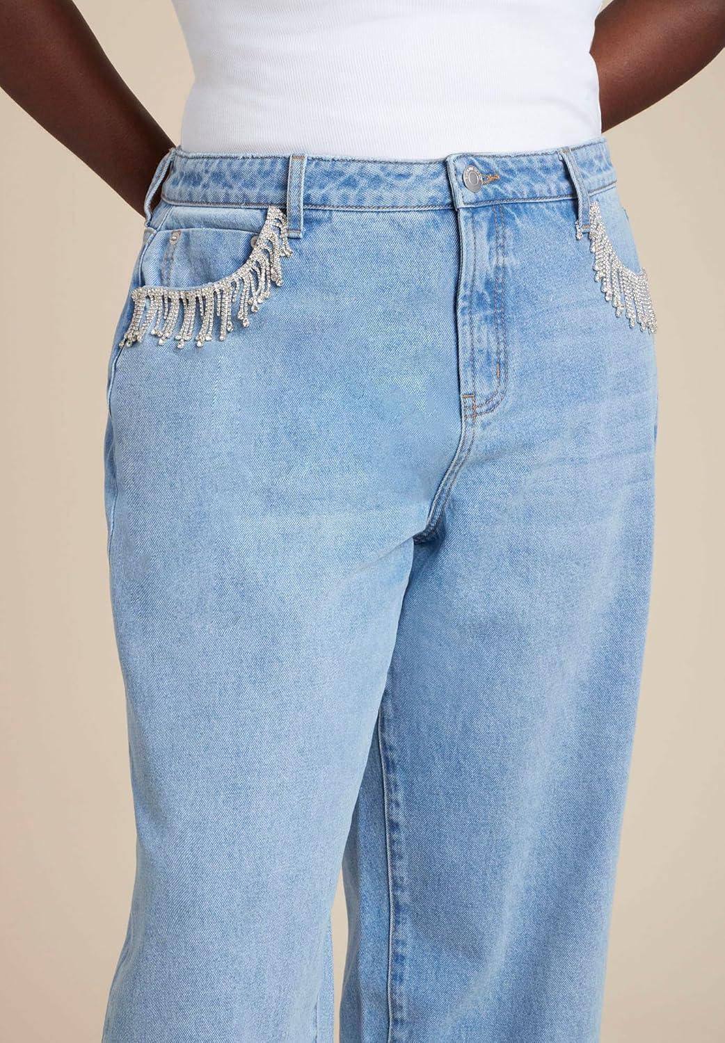 imageELOQUII Womens Plus Size Relaxed Jean with Rhinestone Trim PocketVintage Blue