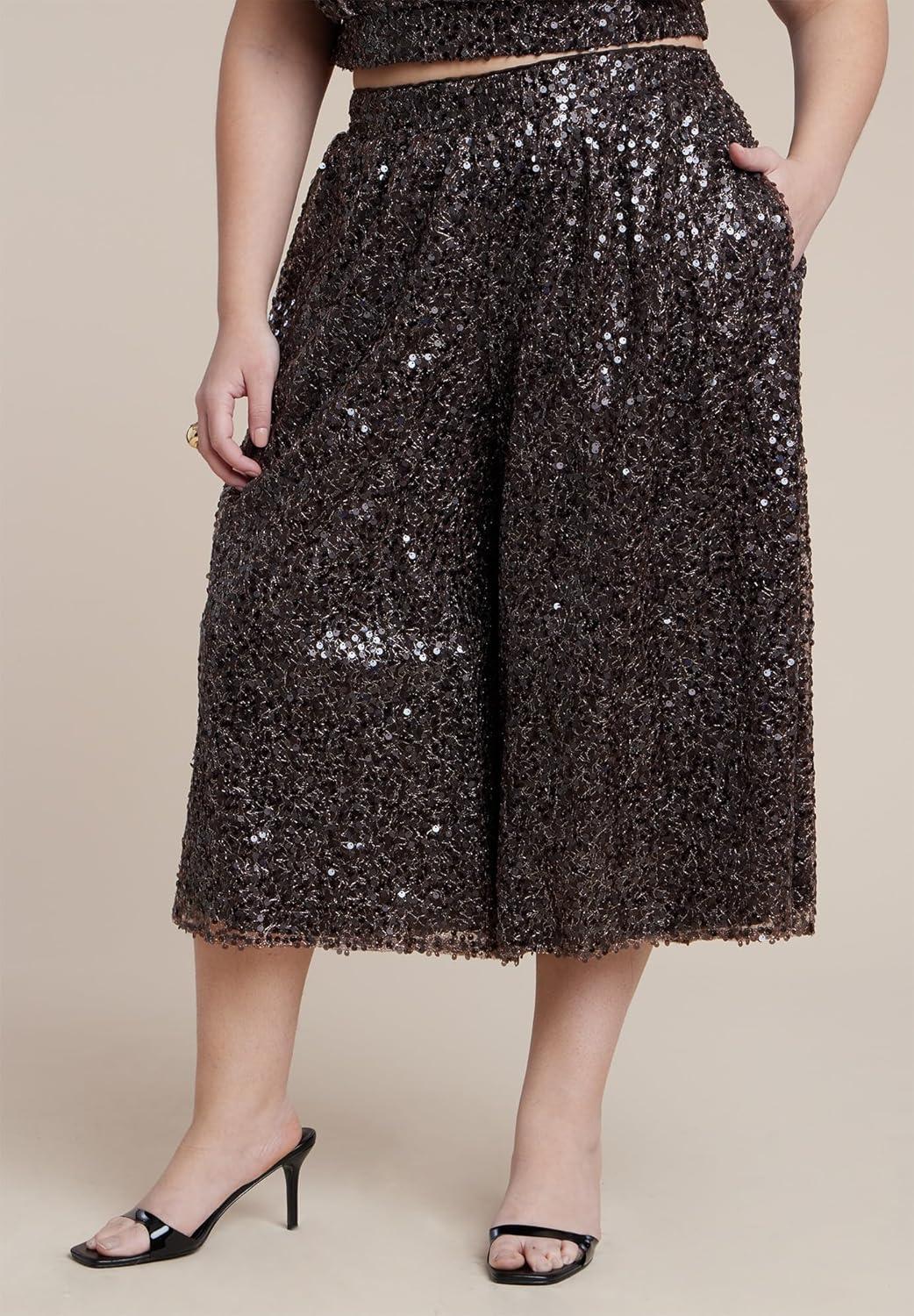 imageELOQUII Womens Plus Size Sequin Pull On Wide Leg Culotte