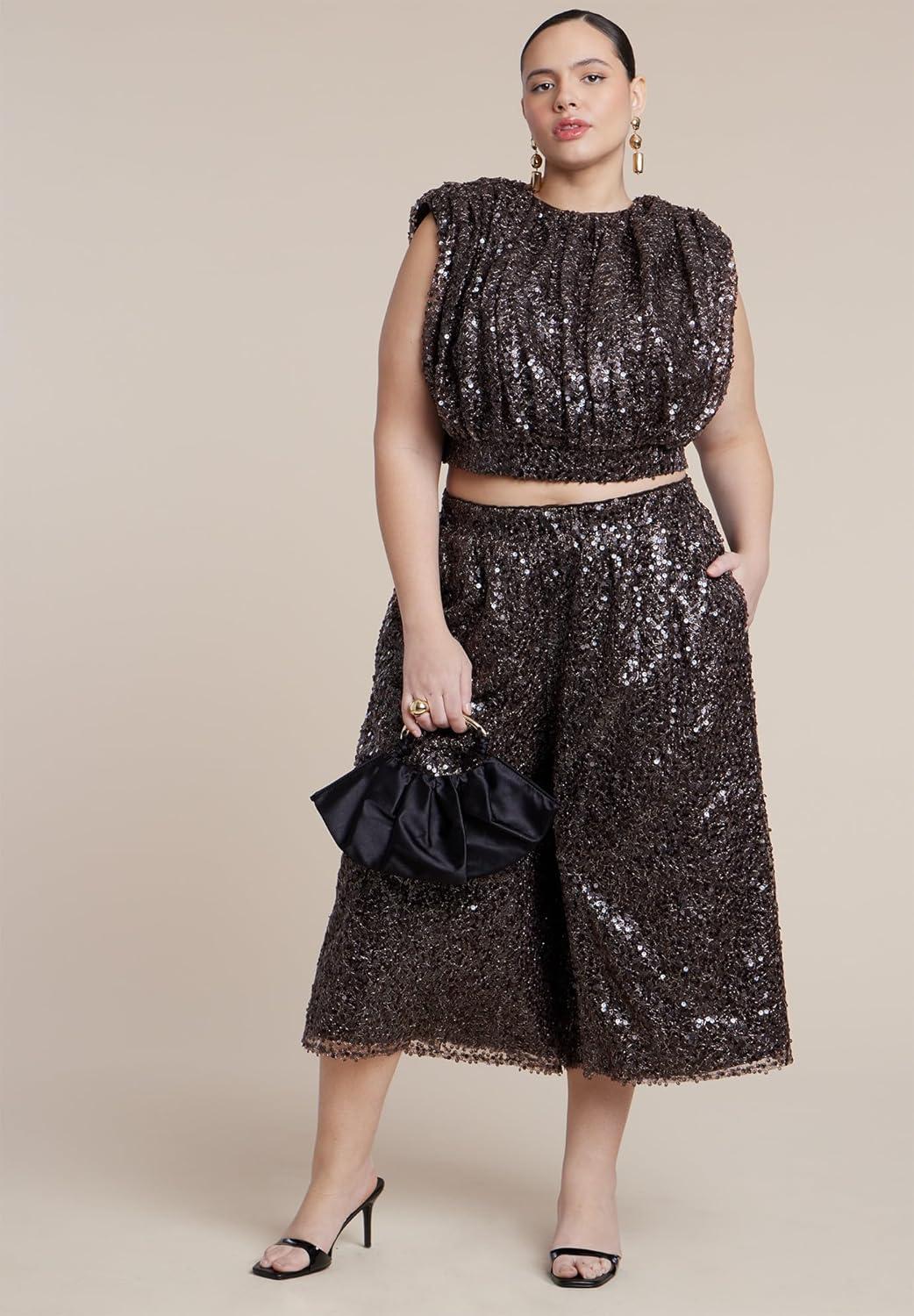 imageELOQUII Womens Plus Size Sequin Pull On Wide Leg Culotte