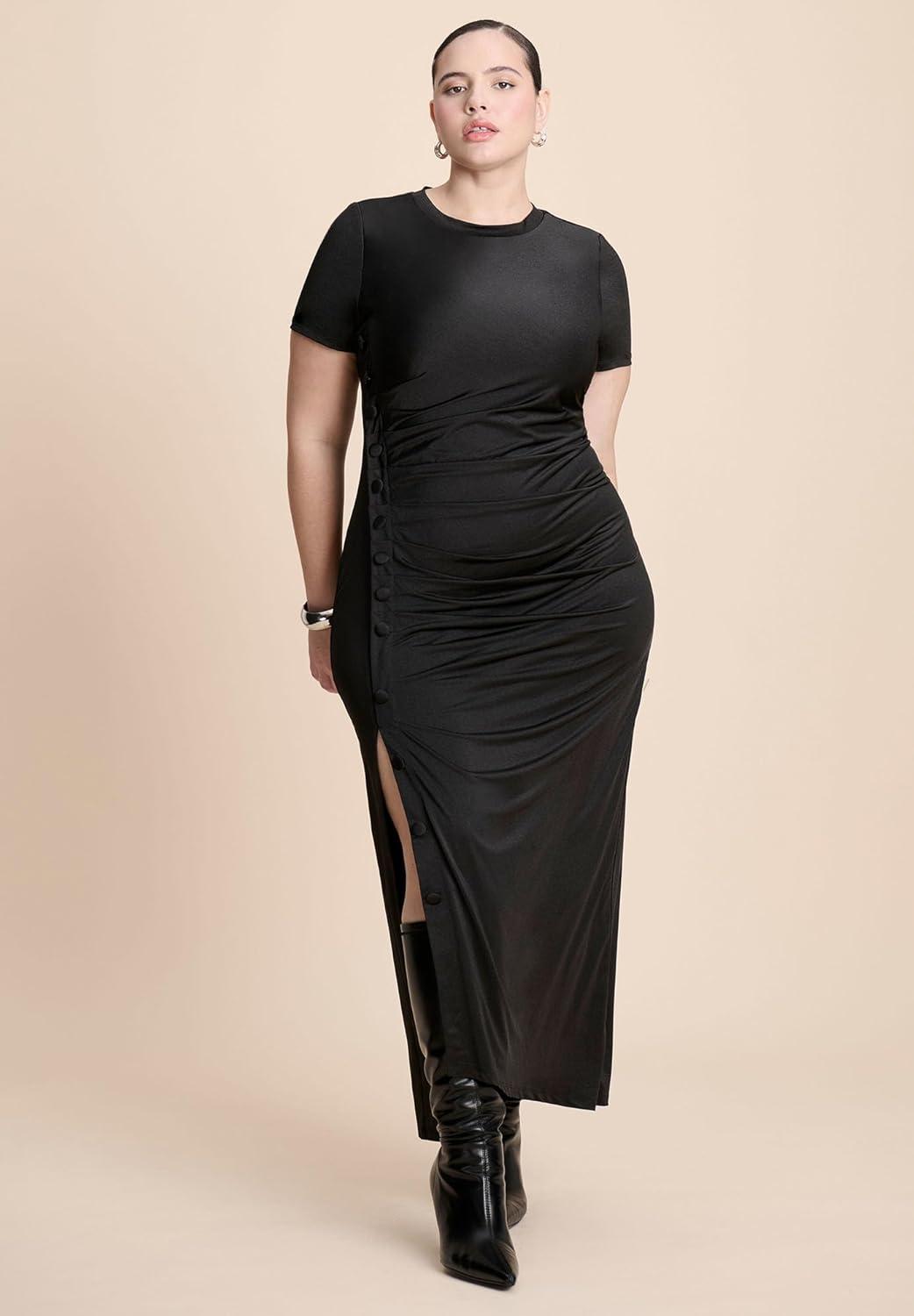 imageELOQUII Womens Plus Size Slinky Dress W ButtonsBlack Onyx