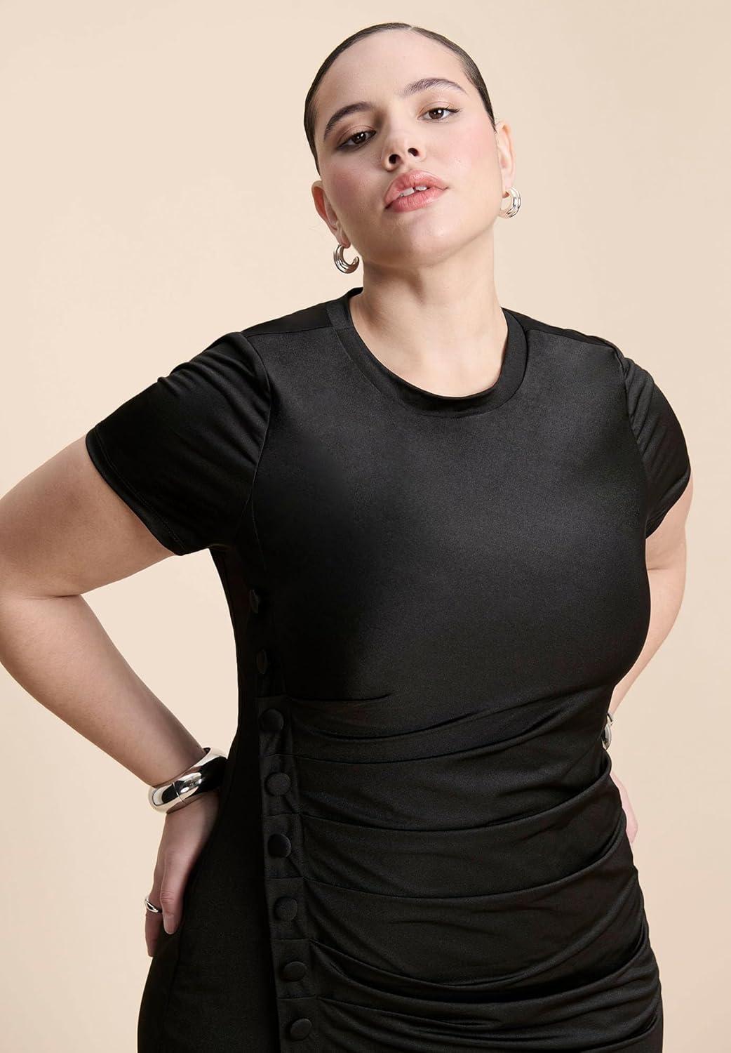 imageELOQUII Womens Plus Size Slinky Dress W ButtonsBlack Onyx