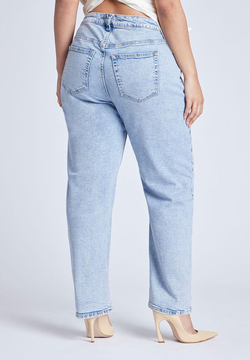 imageELOQUII Womens Plus Size Straight Leg Jean with StudsLight Wash