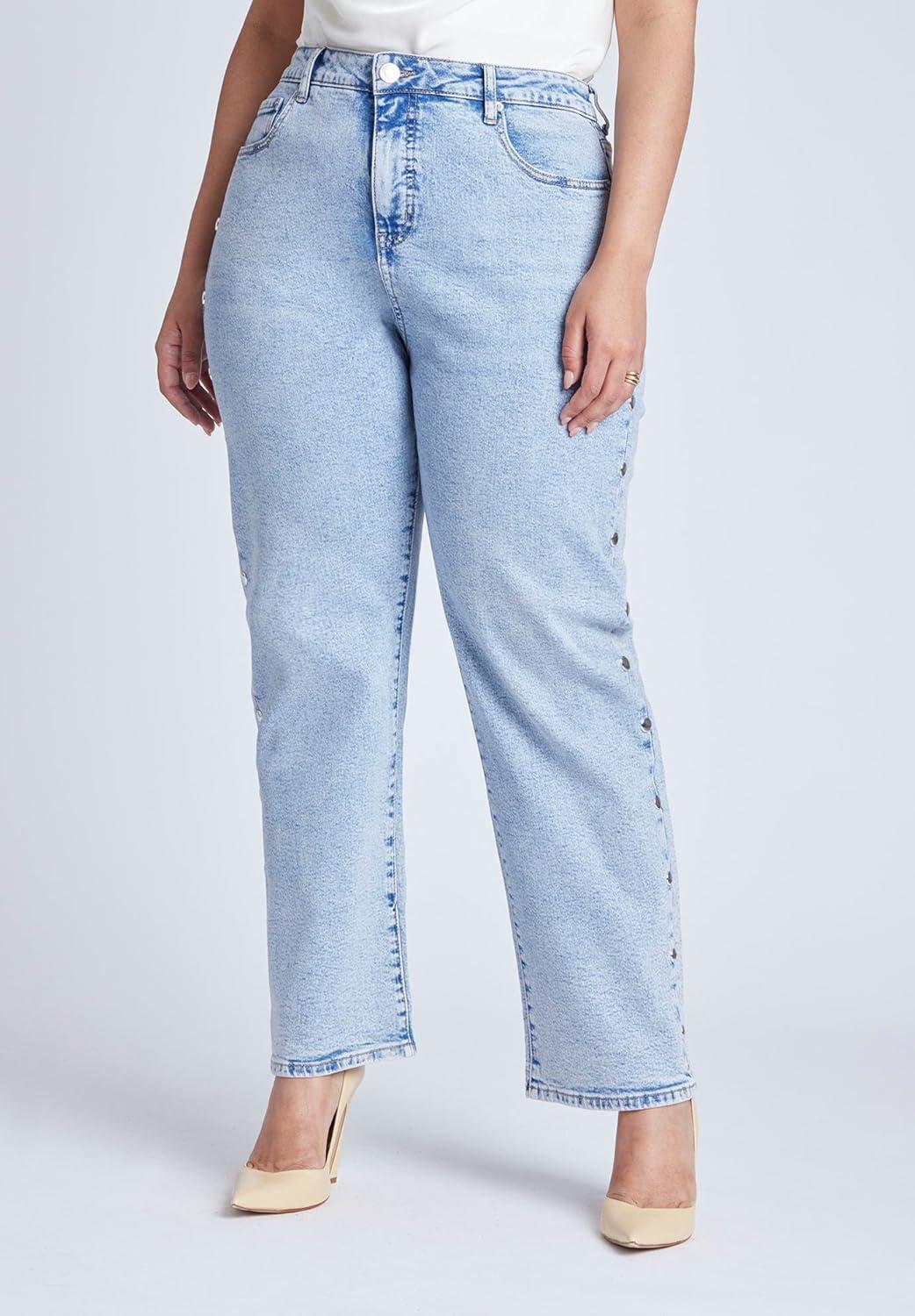imageELOQUII Womens Plus Size Straight Leg Jean with StudsLight Wash