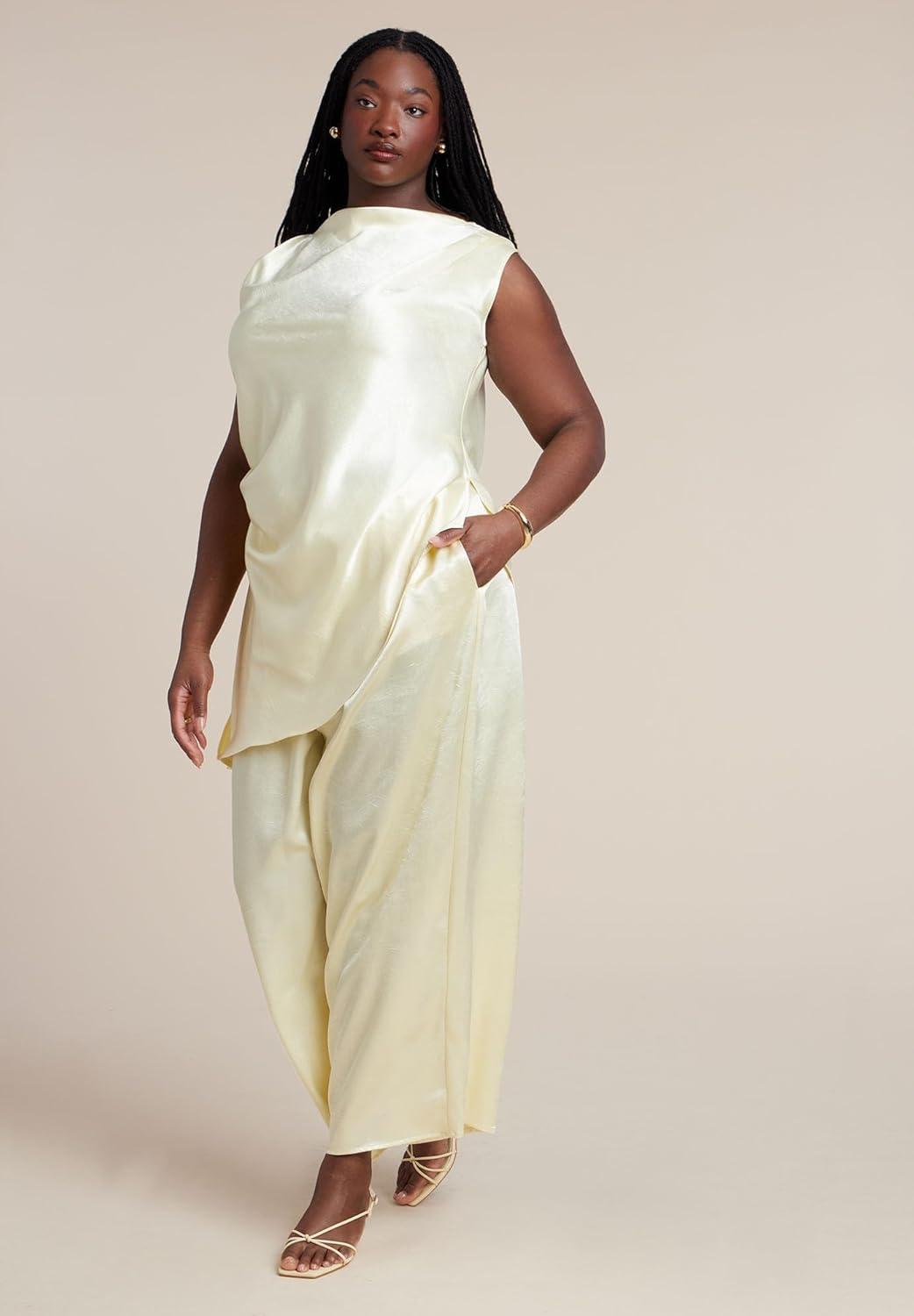 imageELOQUII Womens Plus Size Textured Satin Wide Leg Pant