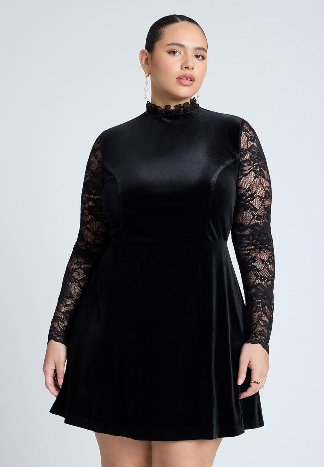 imageELOQUII Womens Plus Size Velvet Mini Dress with LaceBlack Onyx