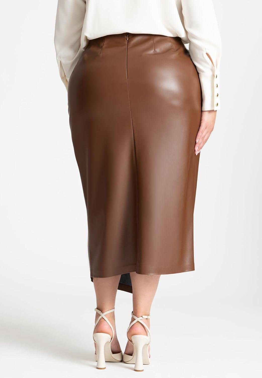 imageELOQUII Womens Plus Size Wrap Front Faux Leather Midi SkirtChocolate Fondant
