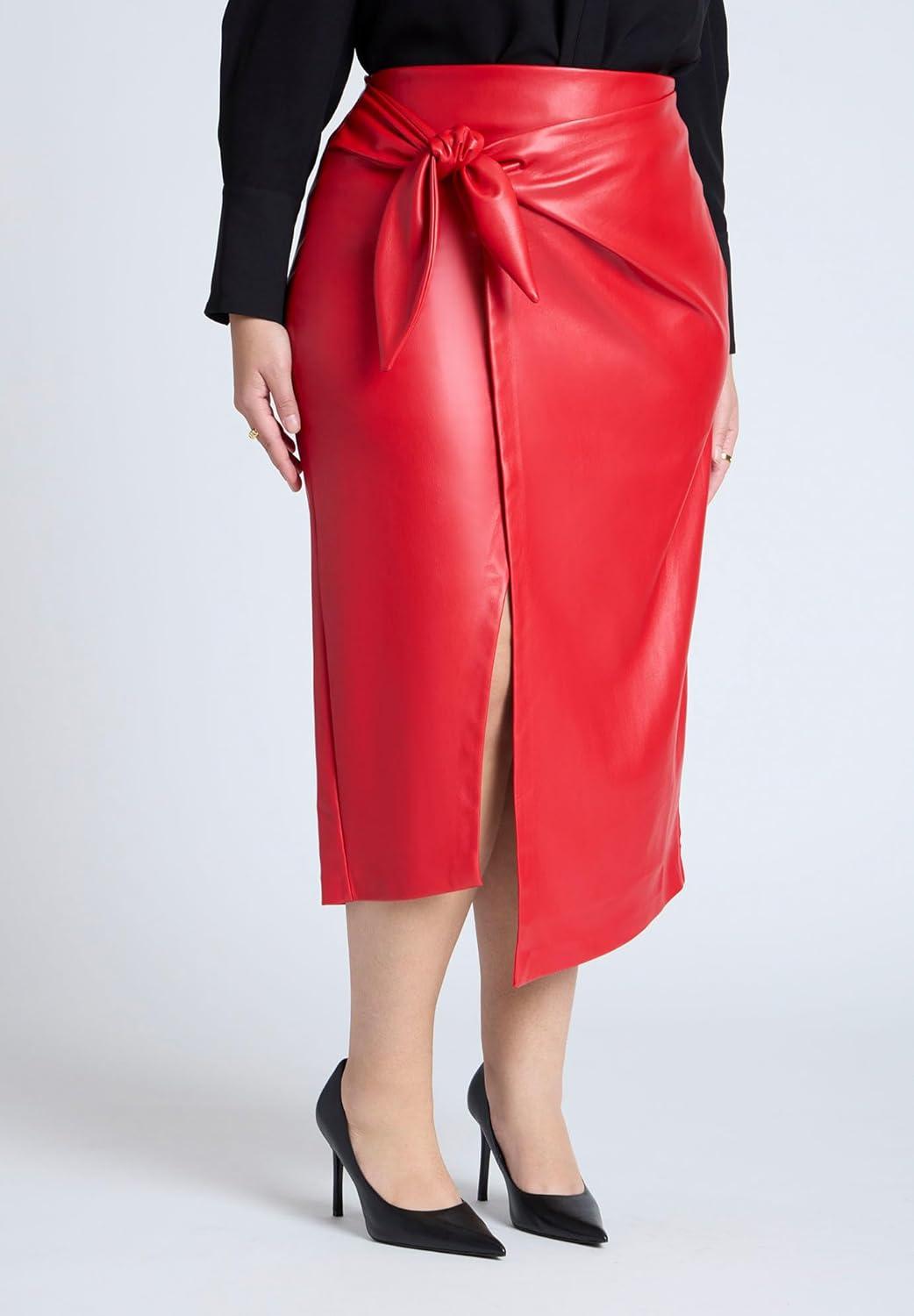 imageELOQUII Womens Plus Size Wrap Front Faux Leather Midi SkirtChocolate Fondant