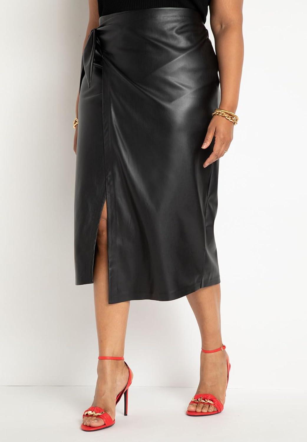 imageELOQUII Womens Plus Size Wrap Front Faux Leather Midi SkirtTotally Black