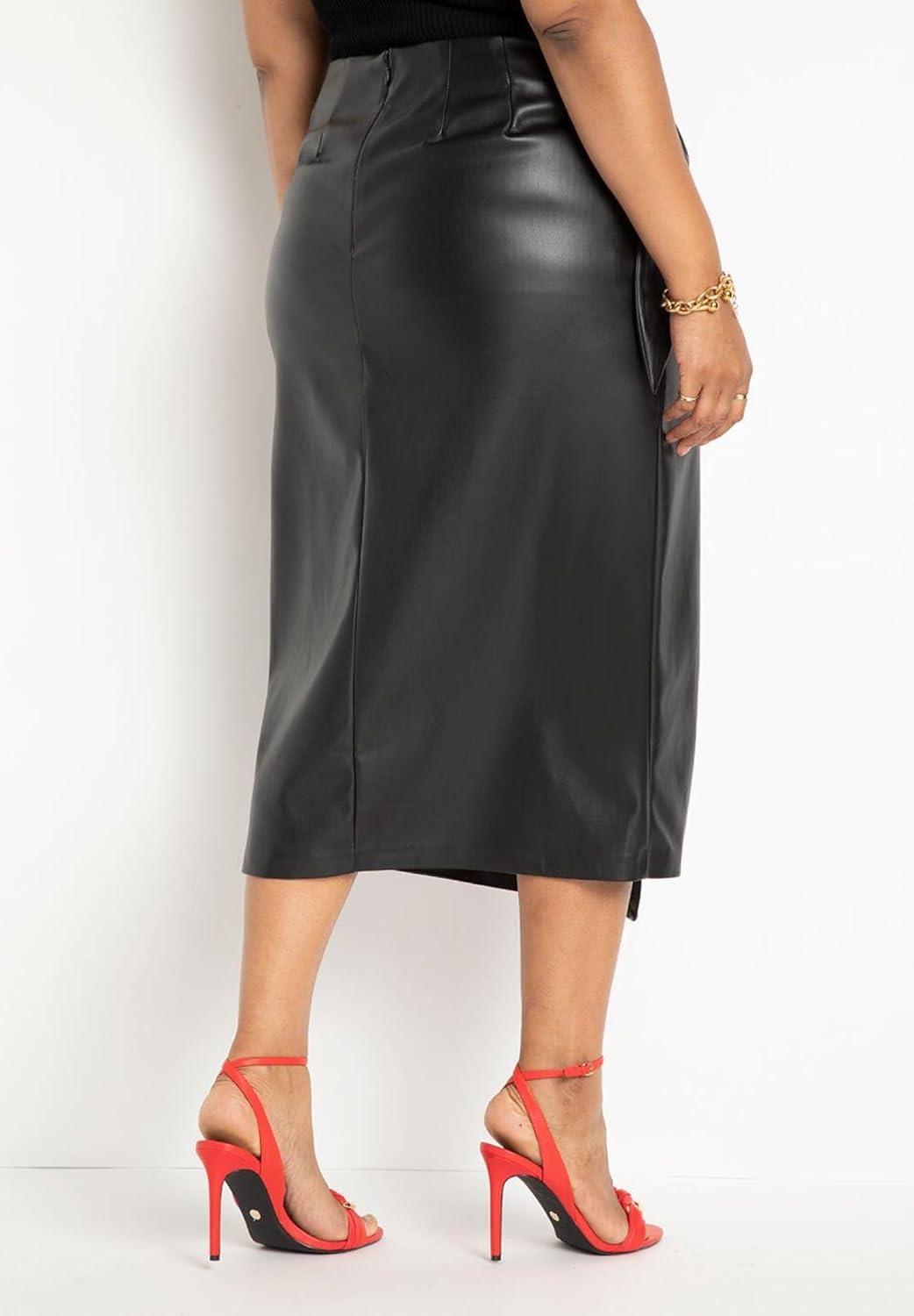 imageELOQUII Womens Plus Size Wrap Front Faux Leather Midi SkirtTotally Black