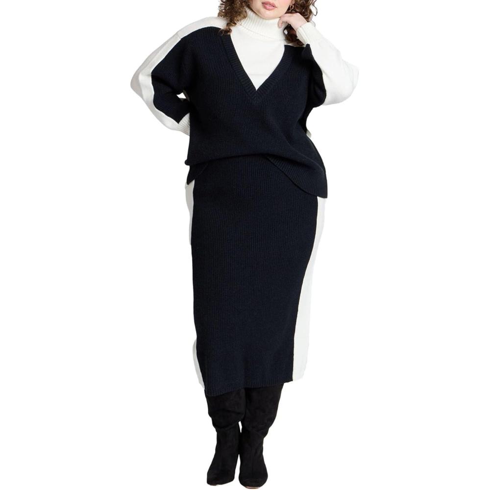 imageELOQUII Womens Plus Size Colorblocked Sweater Midi SkirtBlack and White Colorblock