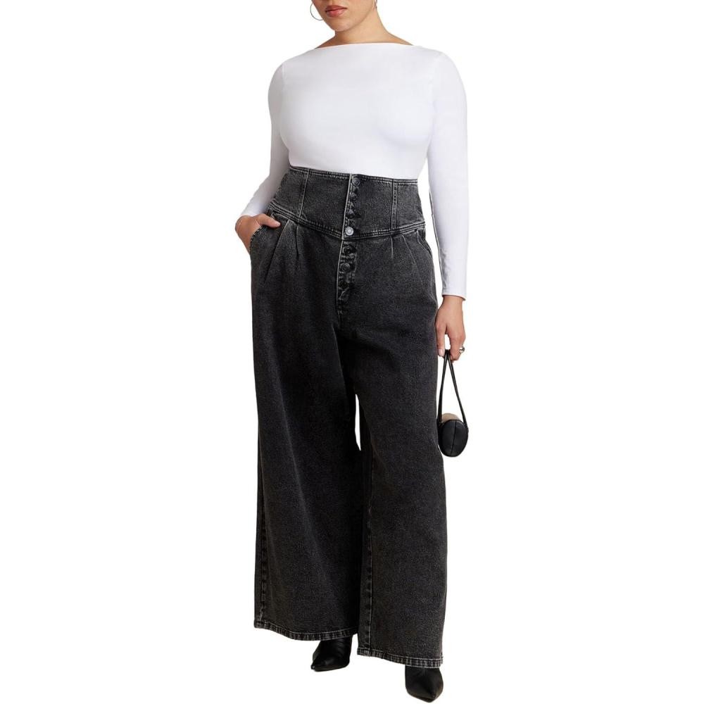 imageELOQUII Womens Plus Size Corset Waist Wide Leg JeanVintage Black