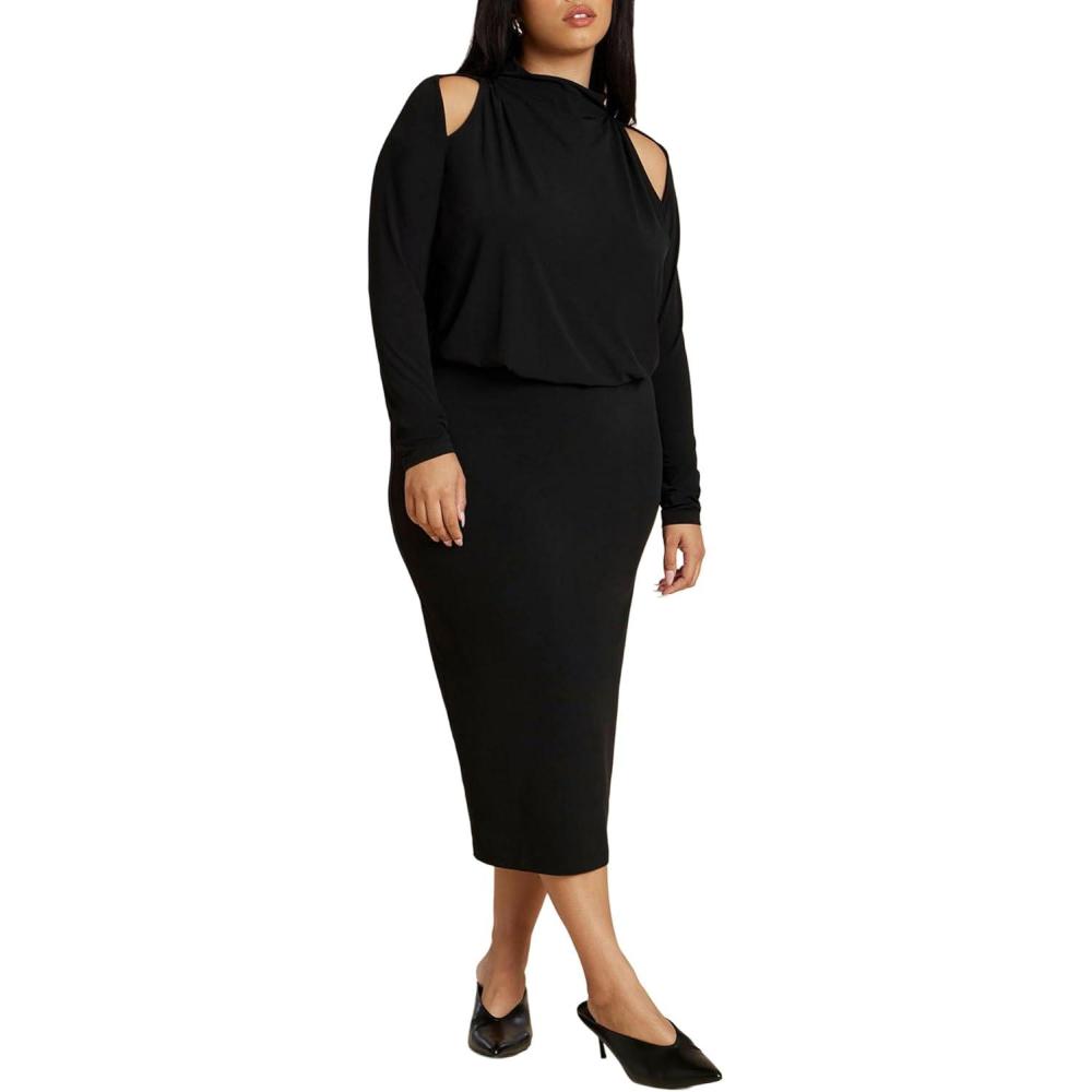 imageELOQUII Womens Plus Size Cut Out Long Sleeve Midi DressBlack Onyx