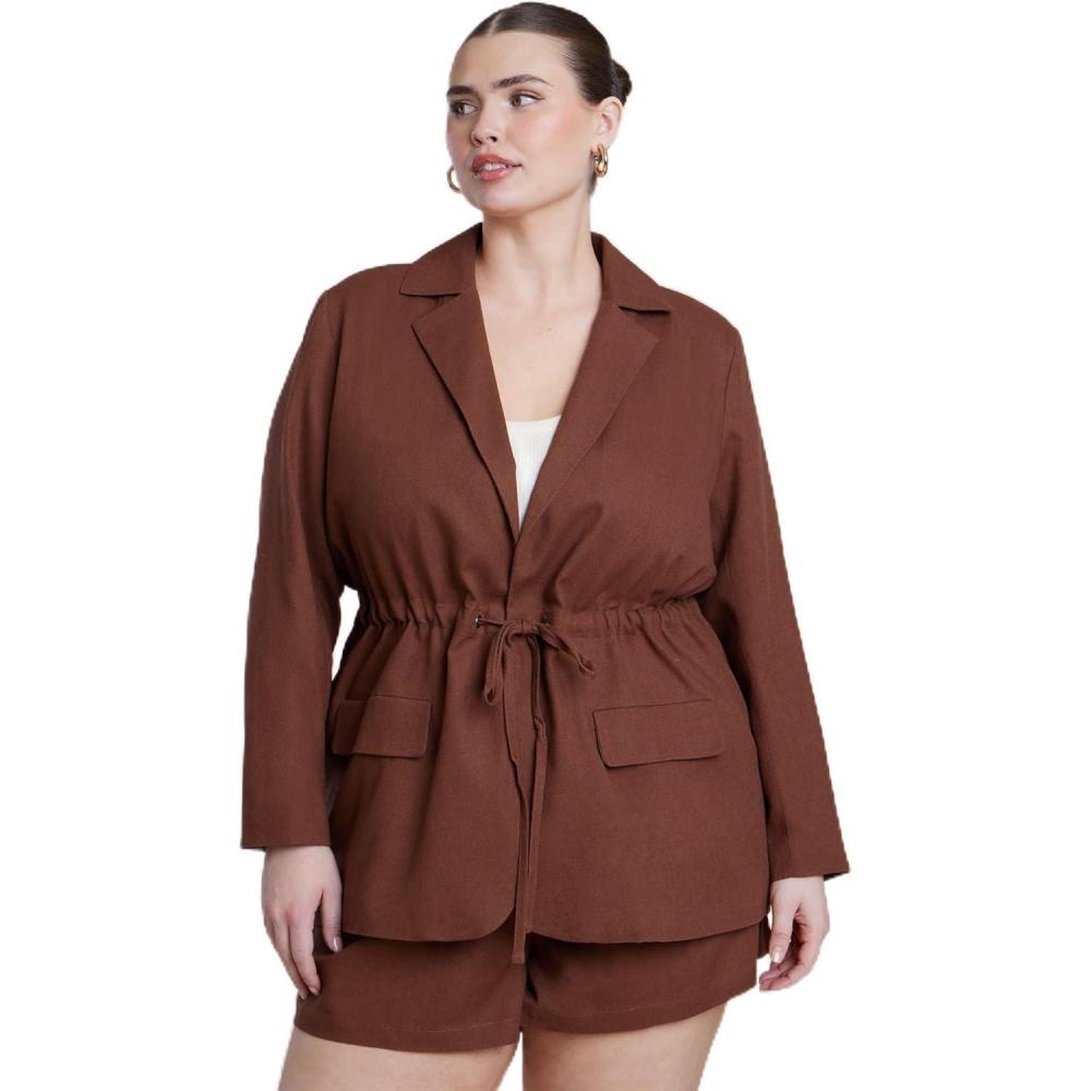 imageELOQUII Womens Plus Size Drawstring Waist Linen BlazerDowntown Brown