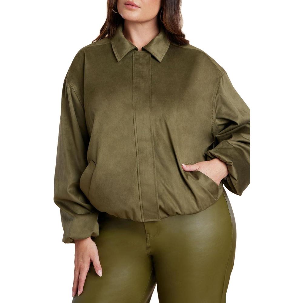 imageELOQUII Womens Plus Size Faux Suede Bomber JacketBurnt Olive