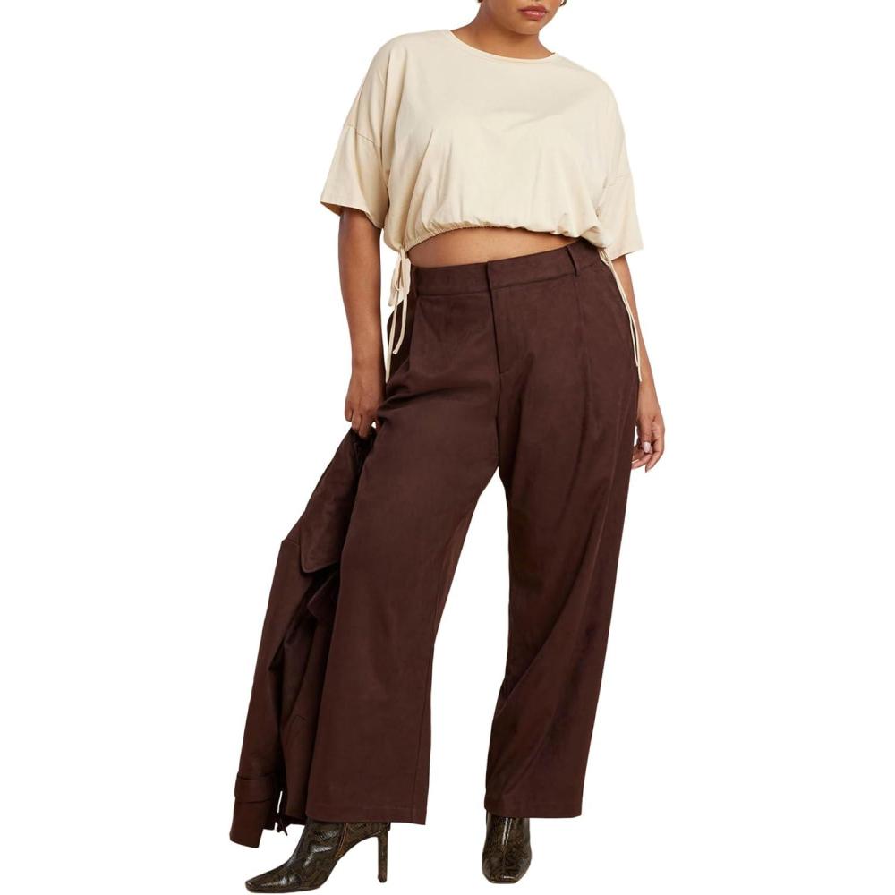 imageELOQUII Womens Plus Size Faux Suede Wide Leg PantChicory Coffee