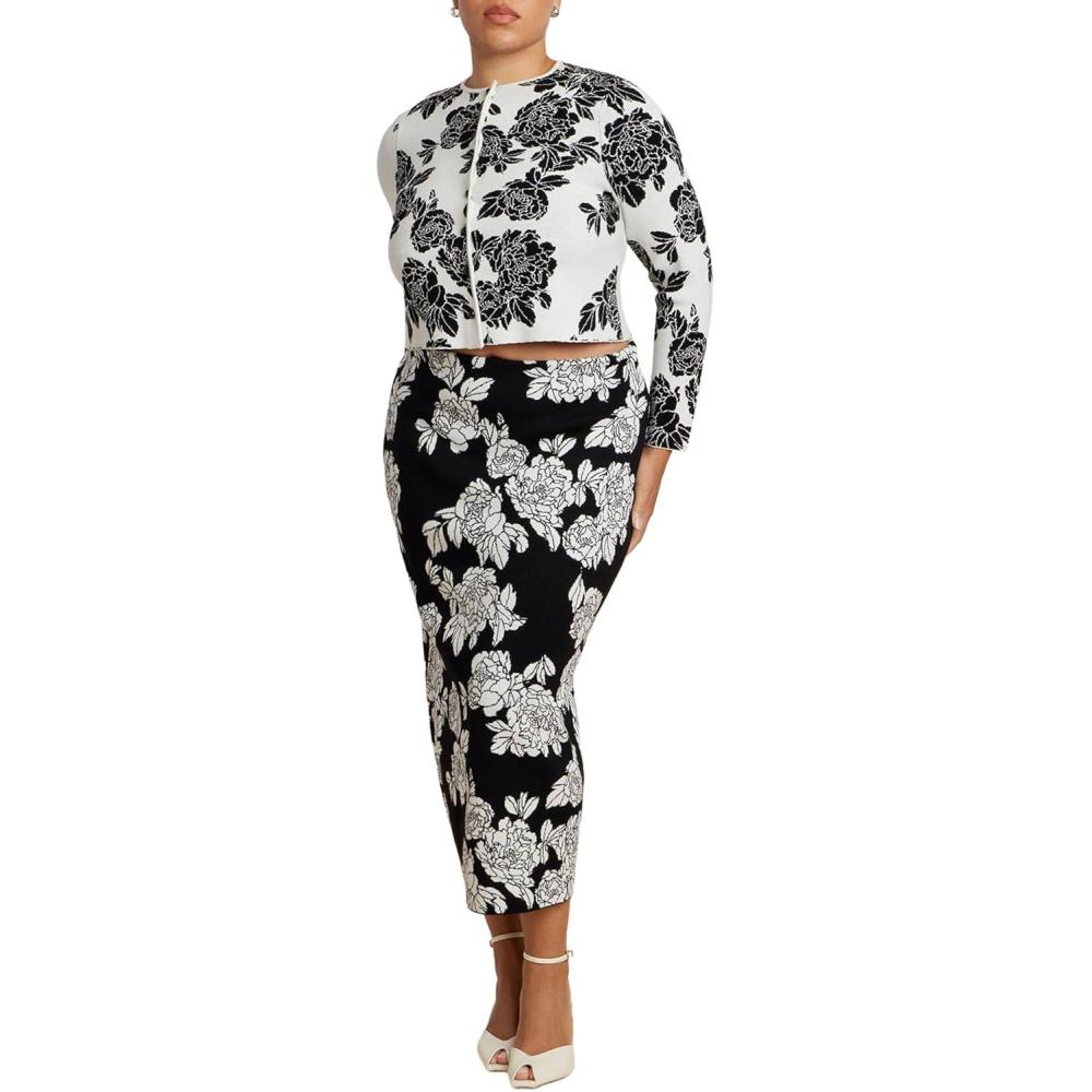 imageELOQUII Womens Plus Size Floral Intarsia Sweater SkirtBlack White Floral