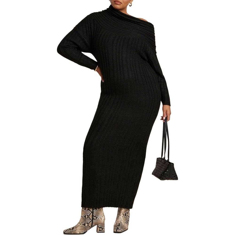 imageELOQUII Womens Plus Size High Collar Sweater DressBlack Onyx