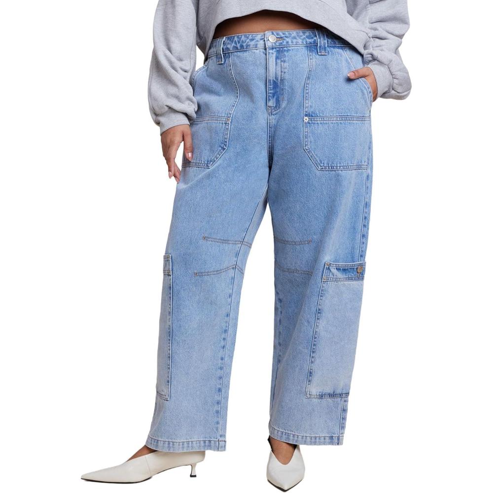 imageELOQUII Womens Plus Size Low Rise Pocket Detail Loose JeanLight Wash