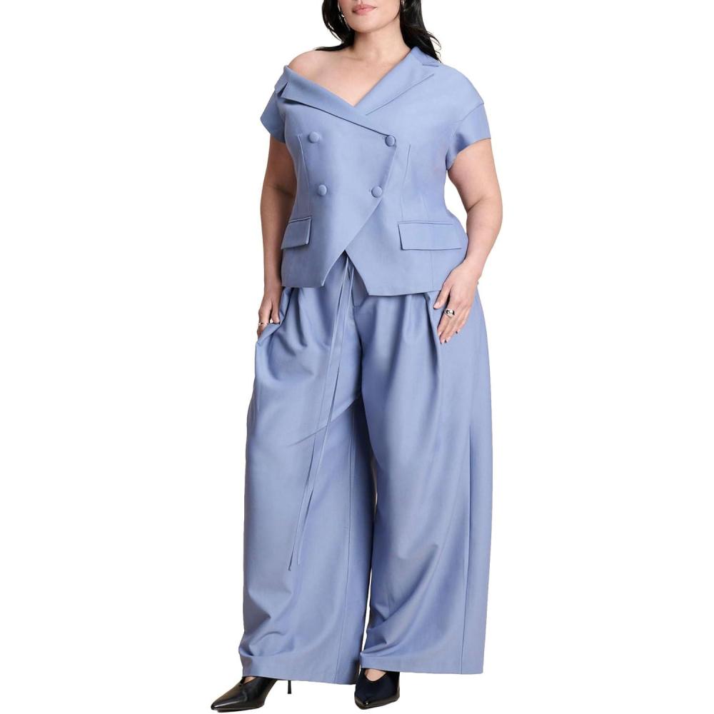 imageELOQUII Womens Plus Size Pleat Detail Trouser with Long BeltDusty Blue