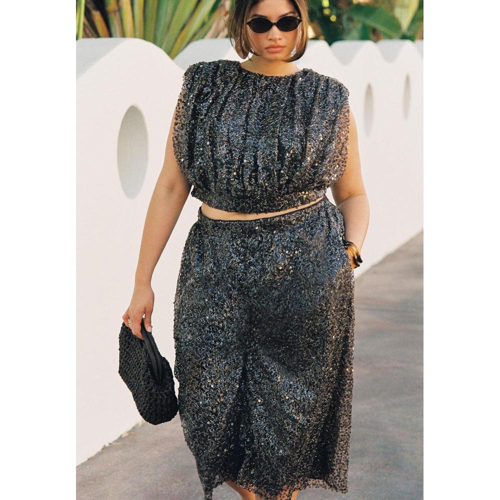 imageELOQUII Womens Plus Size Sequin Pull On Wide Leg Culotte