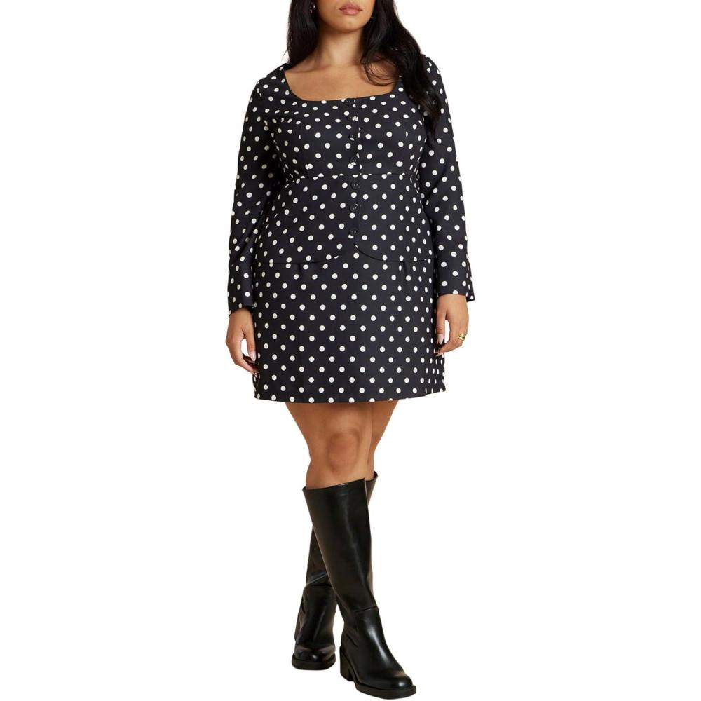 imageELOQUII Womens Plus Size Square Neck Long Sleeve Printed Mini DressBlack Tube Dot