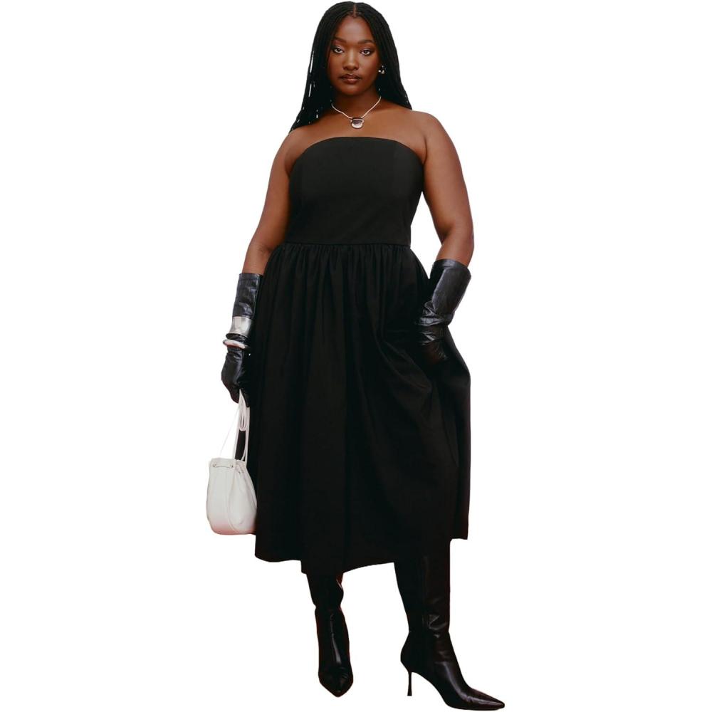 imageELOQUII Womens Plus Size Strapless Flare Midi DressBlack Onyx