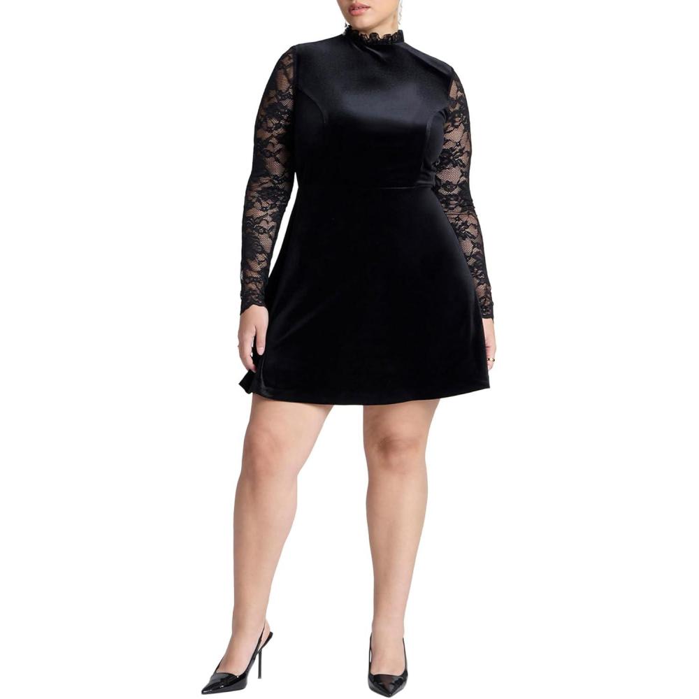 imageELOQUII Womens Plus Size Velvet Mini Dress with LaceBlack Onyx