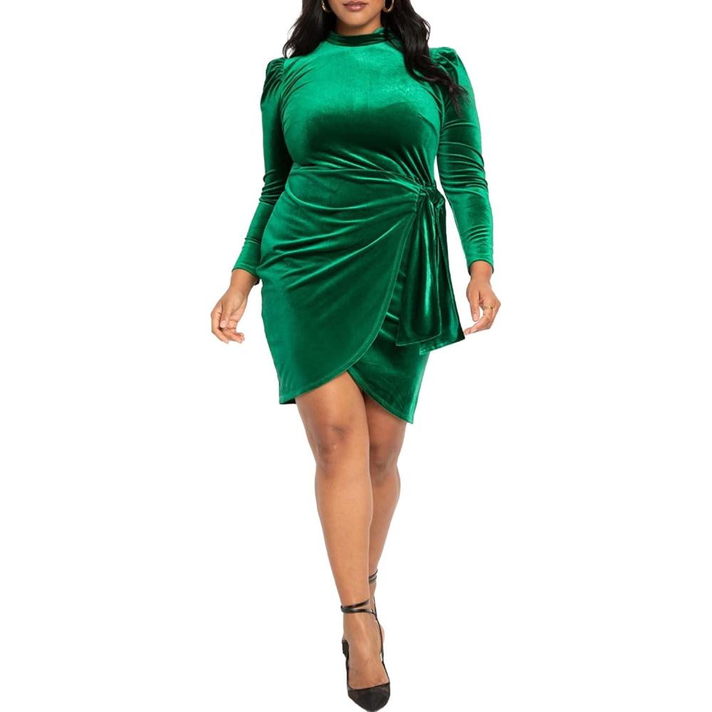 imageELOQUII Womens Plus Size Velvet Mini Dress with Wrap SkirtAventurine
