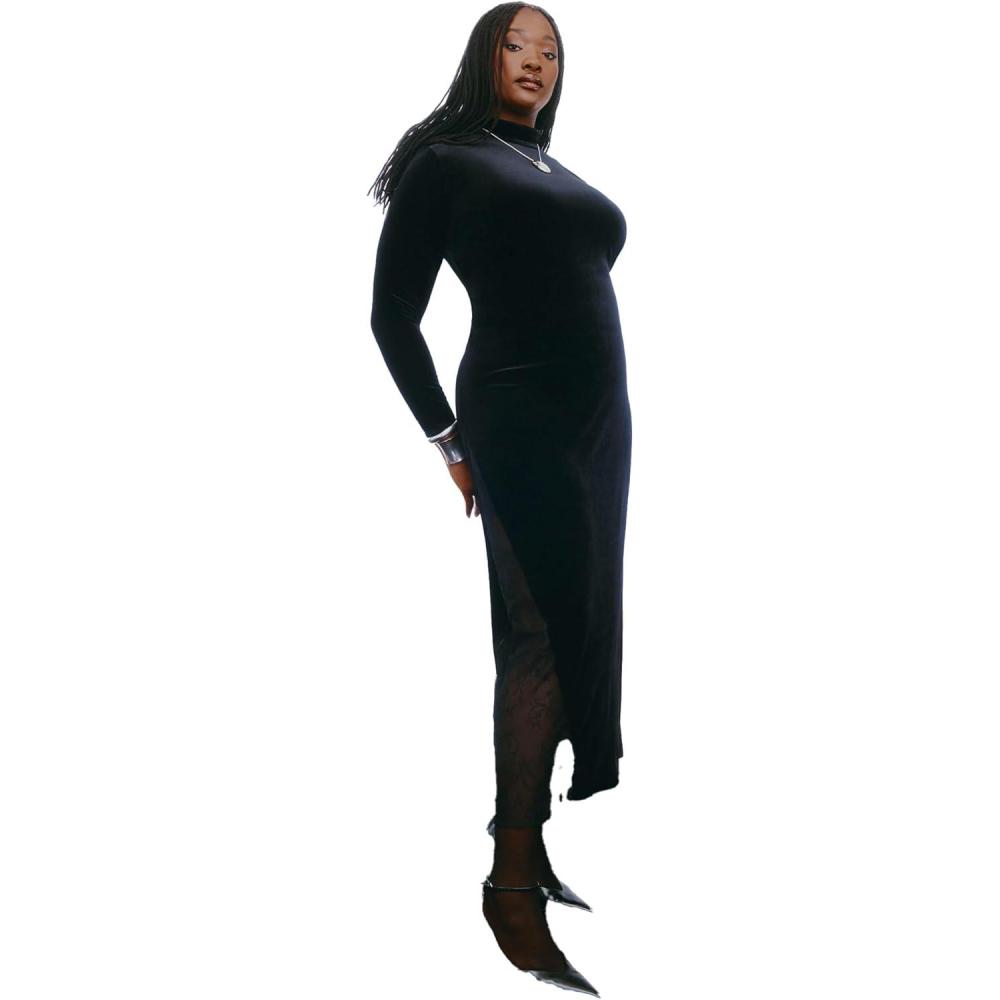 imageELOQUII Womens Plus Size Velvet and Lace Maxi DressBlack Onyx