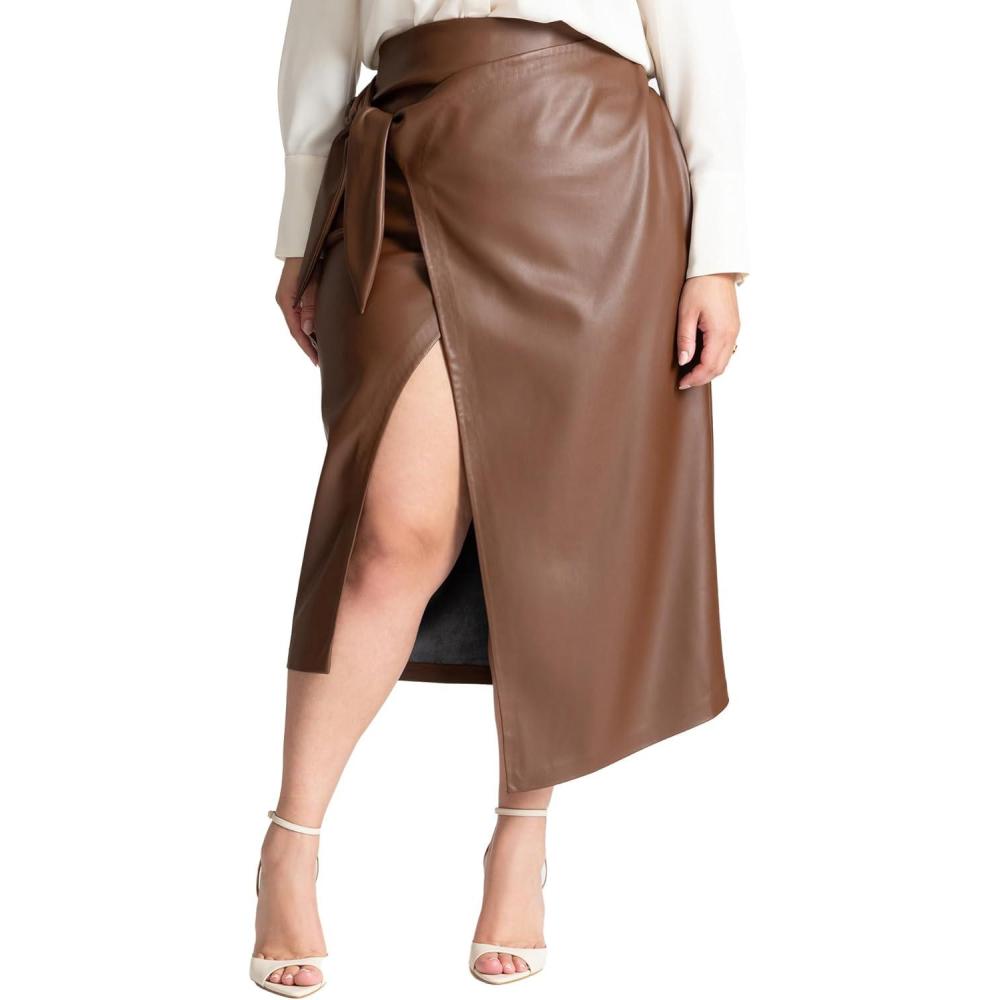 imageELOQUII Womens Plus Size Wrap Front Faux Leather Midi SkirtChocolate Fondant