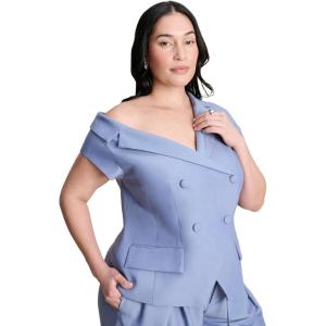 ELOQUII Women’s Plus Size Asym Neckline Short Sleeve Blazer(Dusty Blue)