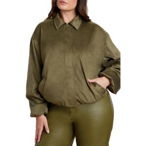 ELOQUII Women’s Plus Size Faux Suede Bomber Jacket(Burnt Olive)
