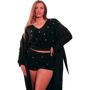 ELOQUII Women’s Plus Size Heart Stud Sweater Hot Short(Black Onyx)