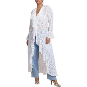 ELOQUII Women’s Plus Size Lace Ruffle Duster(White)