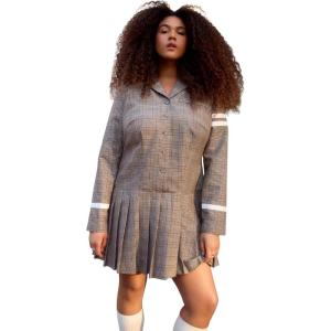 ELOQUII Women’s Plus Size Pleated Plaid Mini Dress(Brown Plaid)