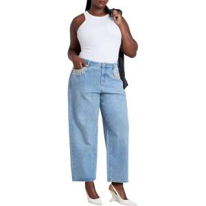 ELOQUII Women’s Plus Size Relaxed Jean with Rhinestone Trim Pocket(Vintage Blue)