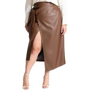 ELOQUII Women’s Plus Size Wrap Front Faux Leather Midi Skirt(Chocolate Fondant)