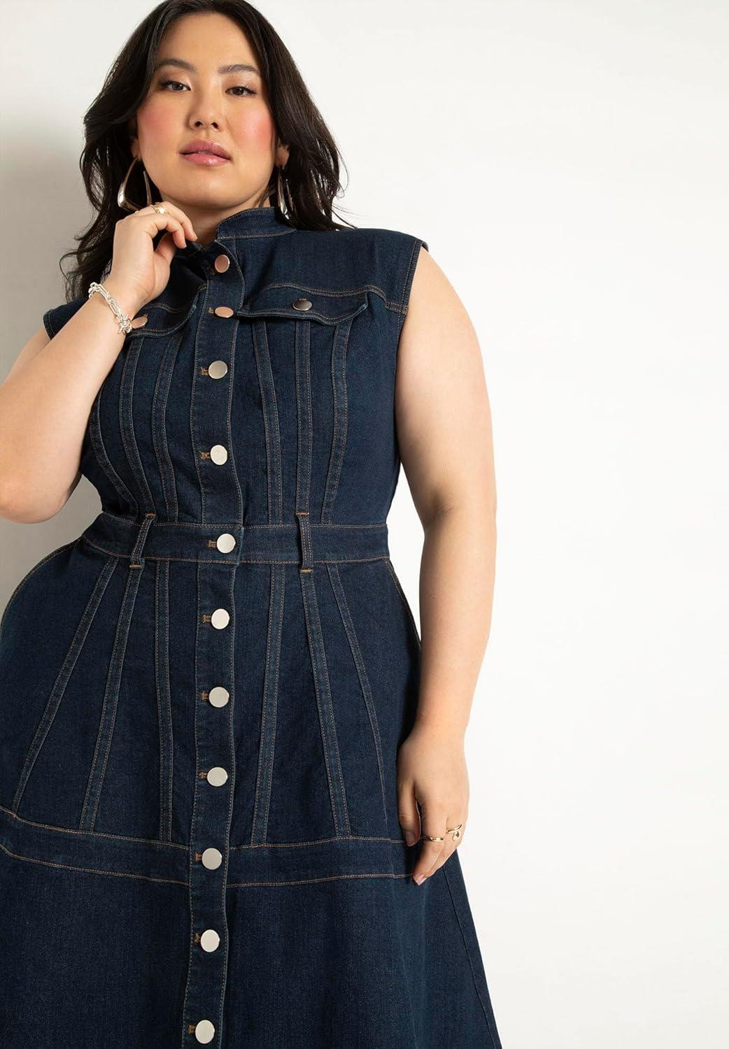 imageELOQUII Womens Plus Size Fit amp Flare Denim DressDark Wash