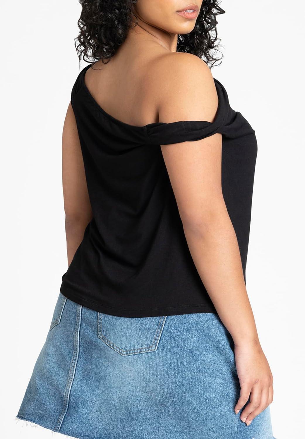 imageELOQUII Womens Plus Size Asym Twist Sleeve TopBlack Onyx