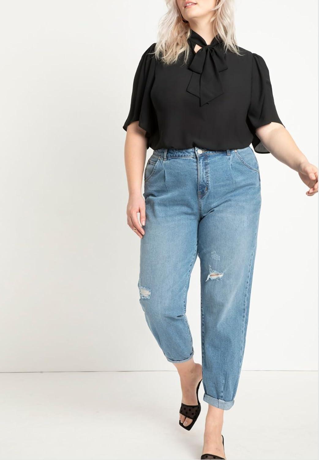 imageELOQUII Womens Plus Size Bow Blouse with Flutter SleeveBlack