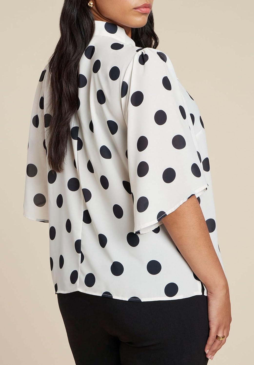 imageELOQUII Womens Plus Size Bow Blouse with Flutter SleeveDot Bone