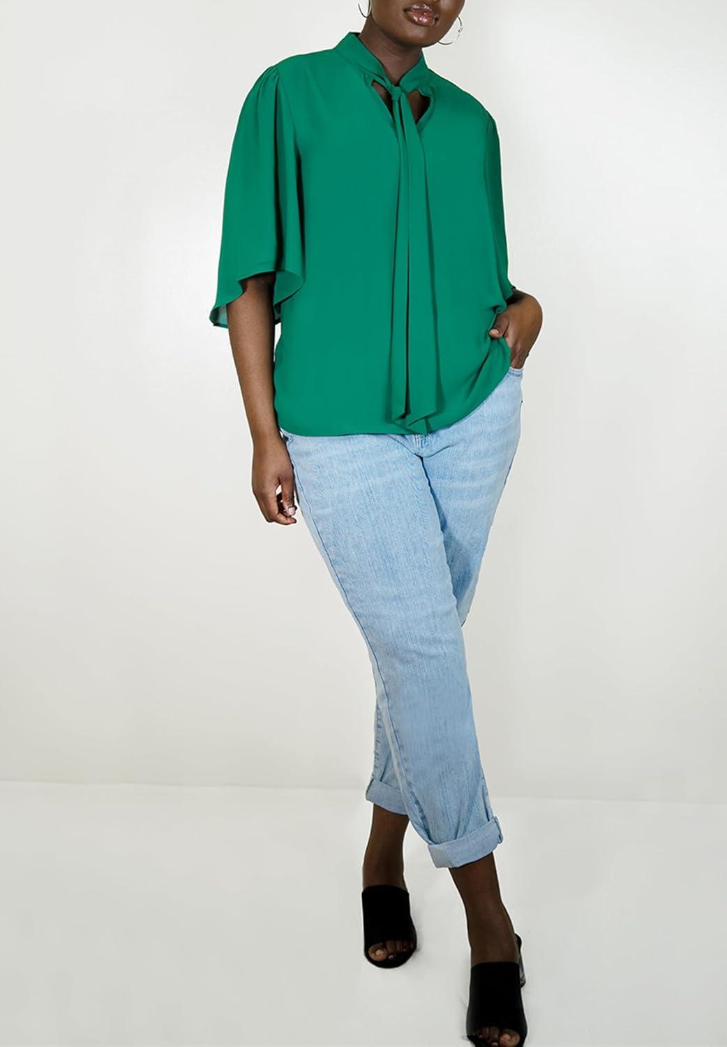 imageELOQUII Womens Plus Size Bow Blouse with Flutter SleeveGreen Lake
