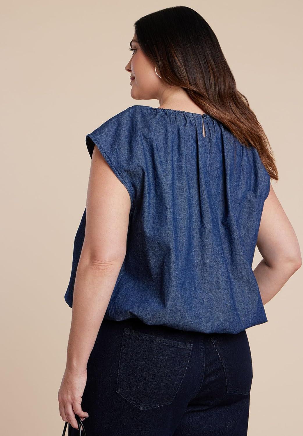imageELOQUII Womens Plus Size Bubble Chambray TopNavy