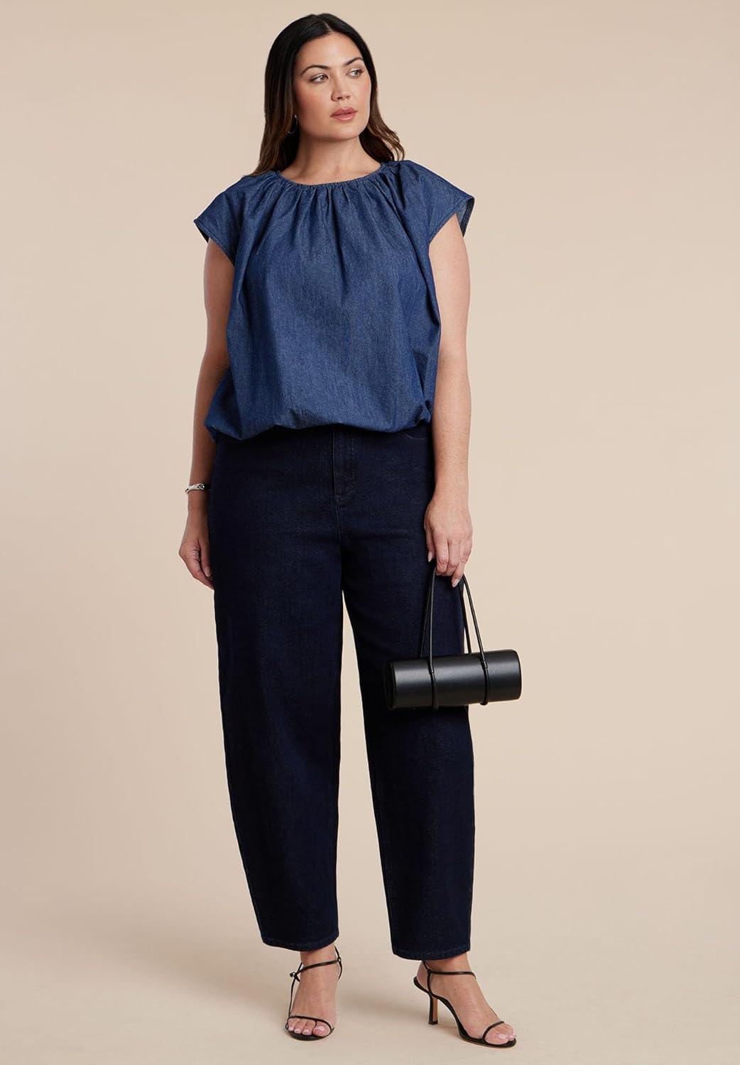 imageELOQUII Womens Plus Size Bubble Chambray TopNavy