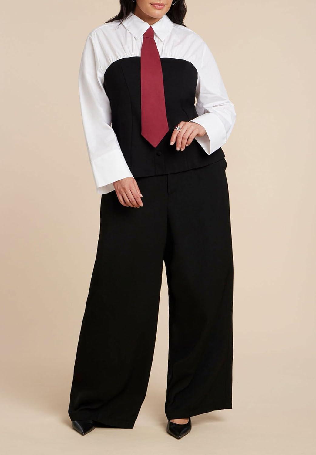 imageELOQUII Womens Plus Size Bustier Button Up TwoferBlack White