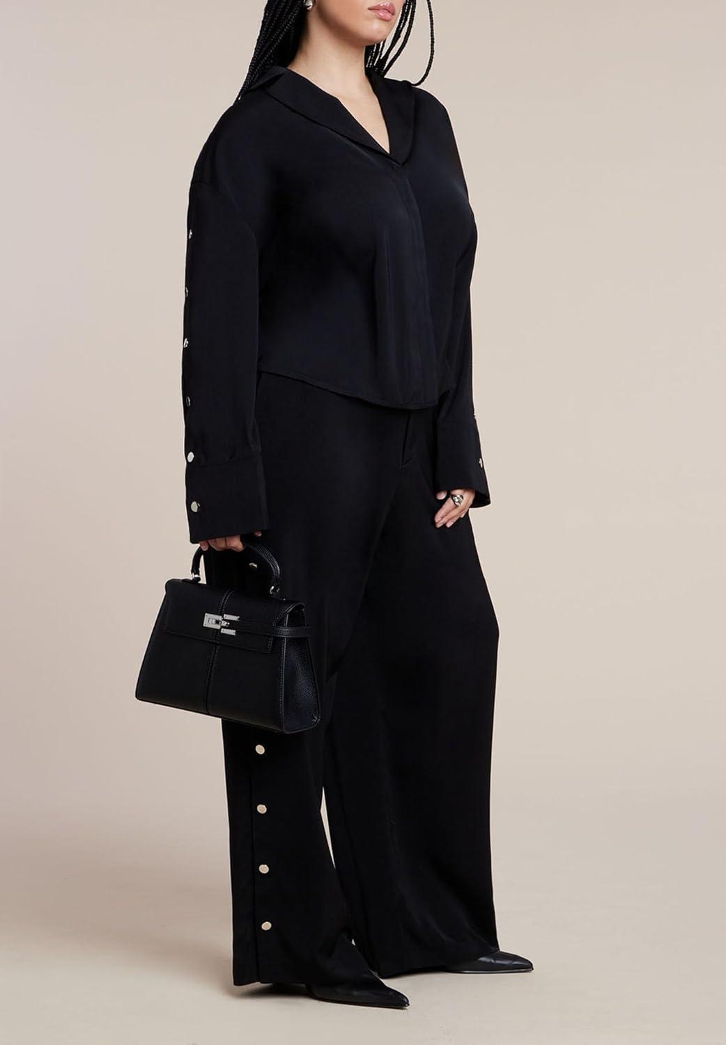 imageELOQUII Womens Plus Size Button Sleeve TopBlack Onyx