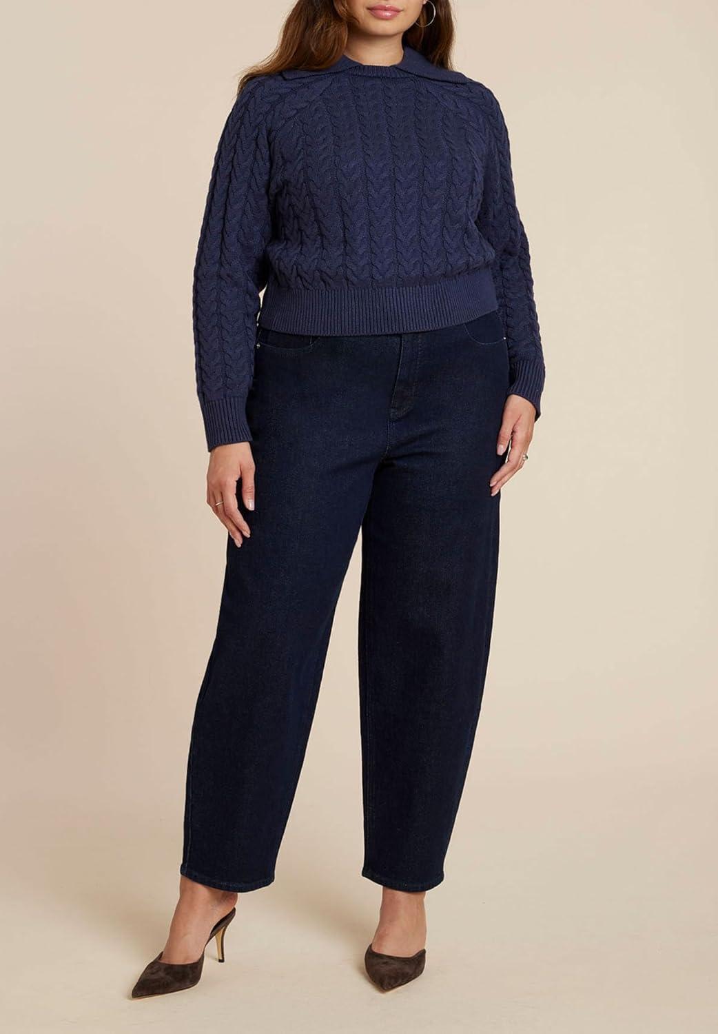 imageELOQUII Womens Plus Size Cableknit Sweater with Wide CollarRich Navy