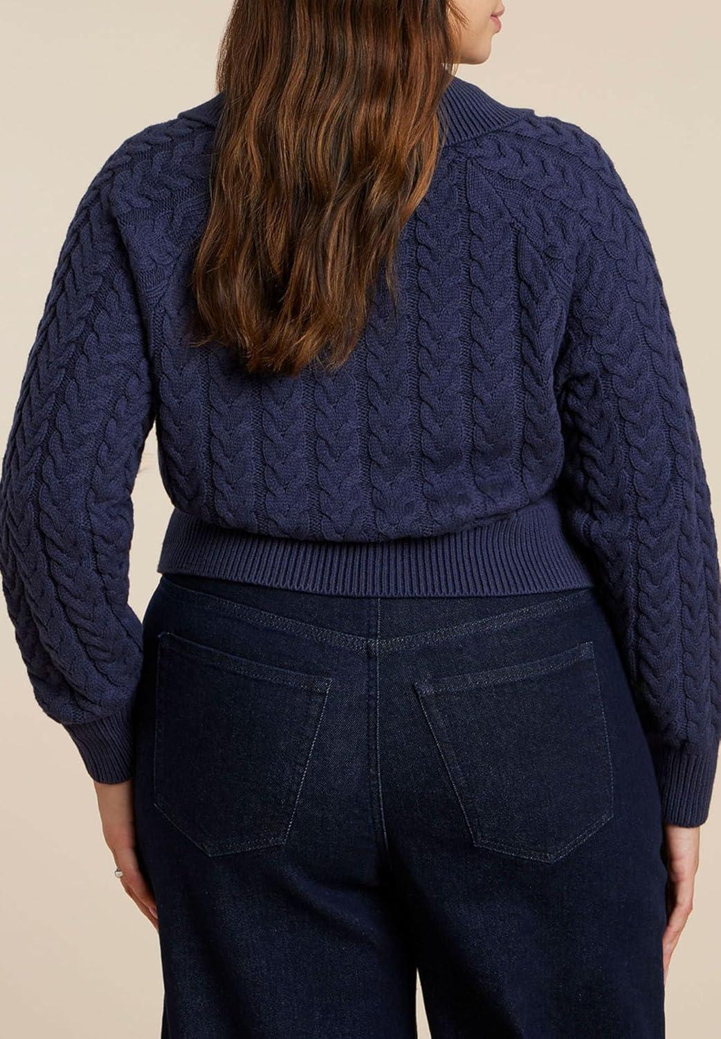 imageELOQUII Womens Plus Size Cableknit Sweater with Wide CollarRich Navy